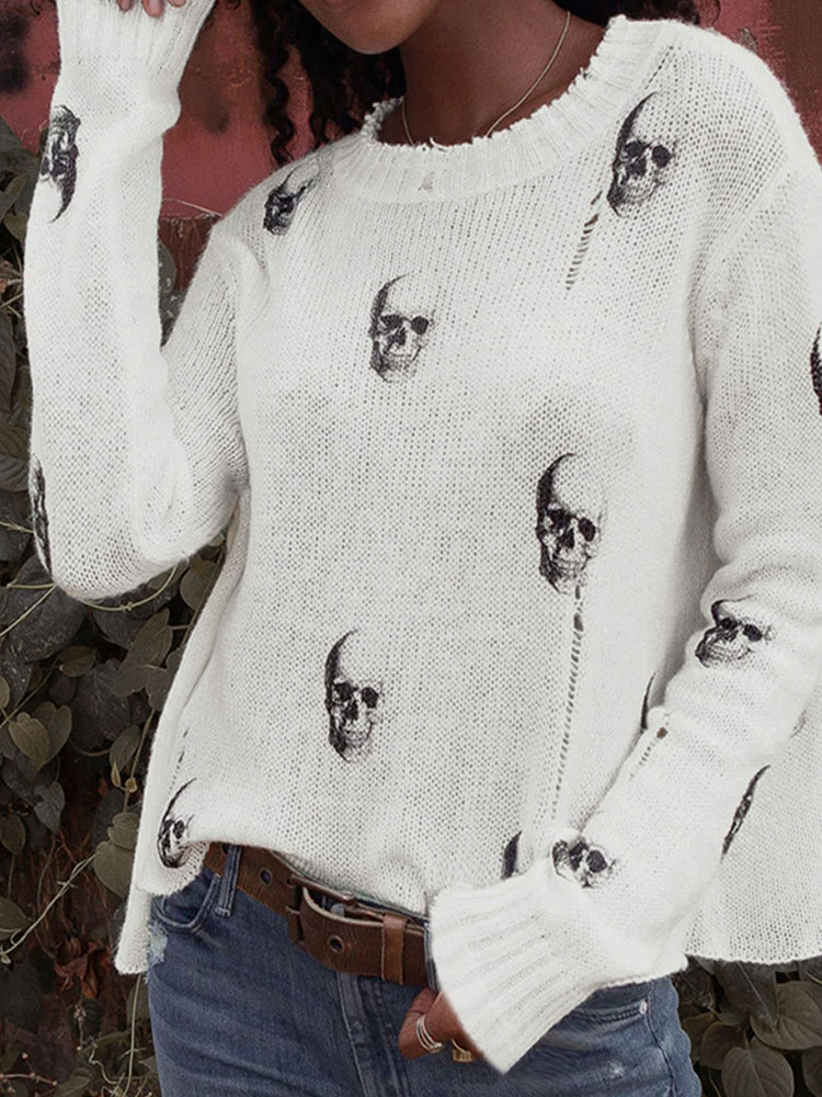 Vintage Fashion Years - Halloween Skull Print Loose Knitted Sweater