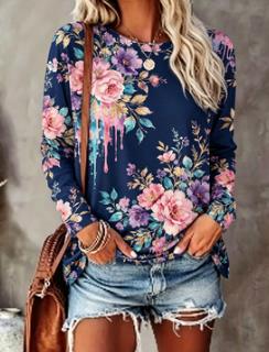 Printed Floral Shirt - Women's Floral Print Top Navy Blue