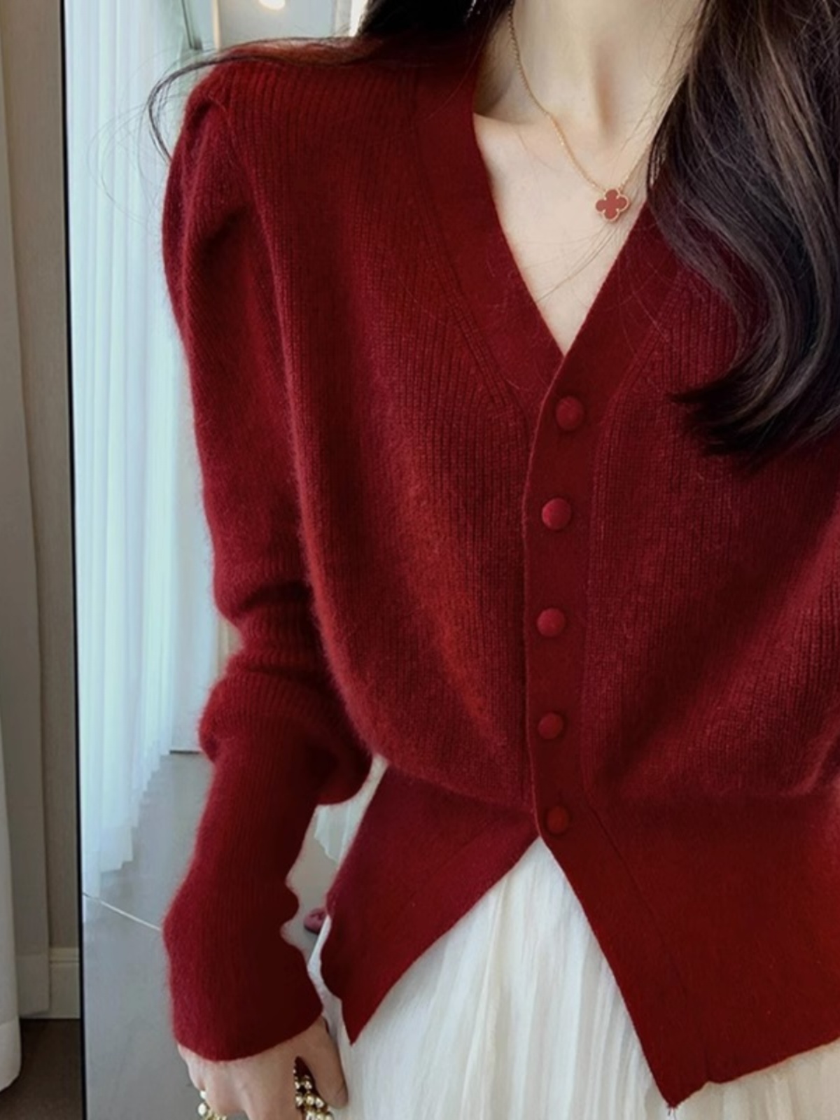 Vintage Fashion Years - Red V-Neck Knitted Sweater Coat Women's