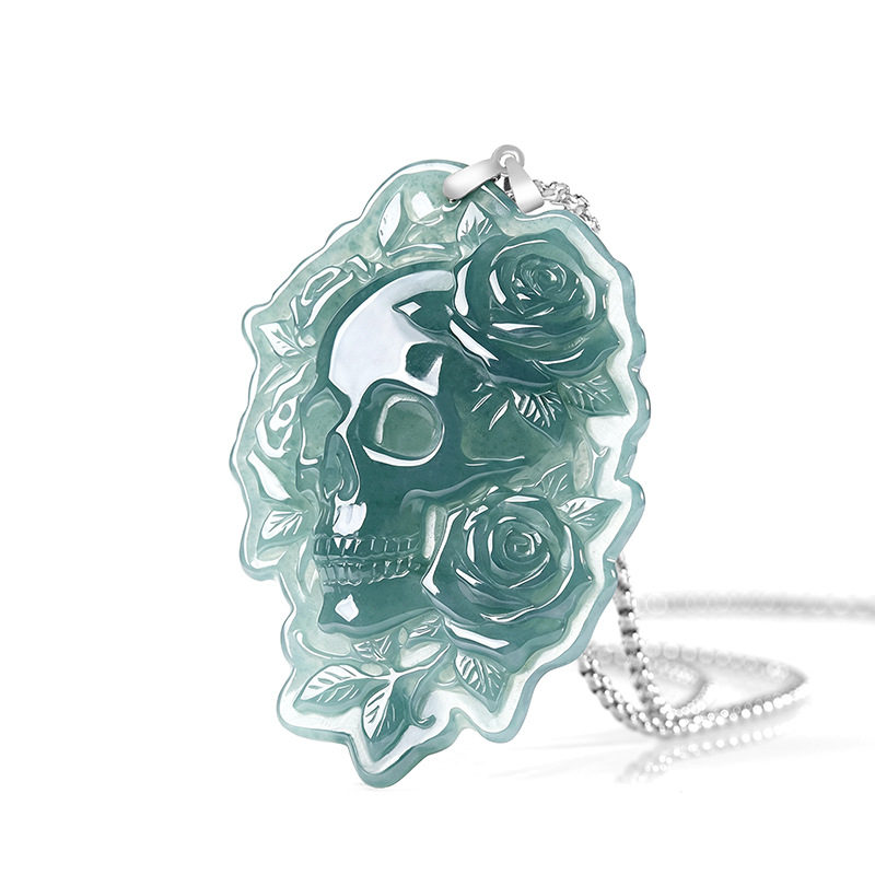Vintage Fashion Design - Natural Burmese Jadeite Skull Pendant Necklace
