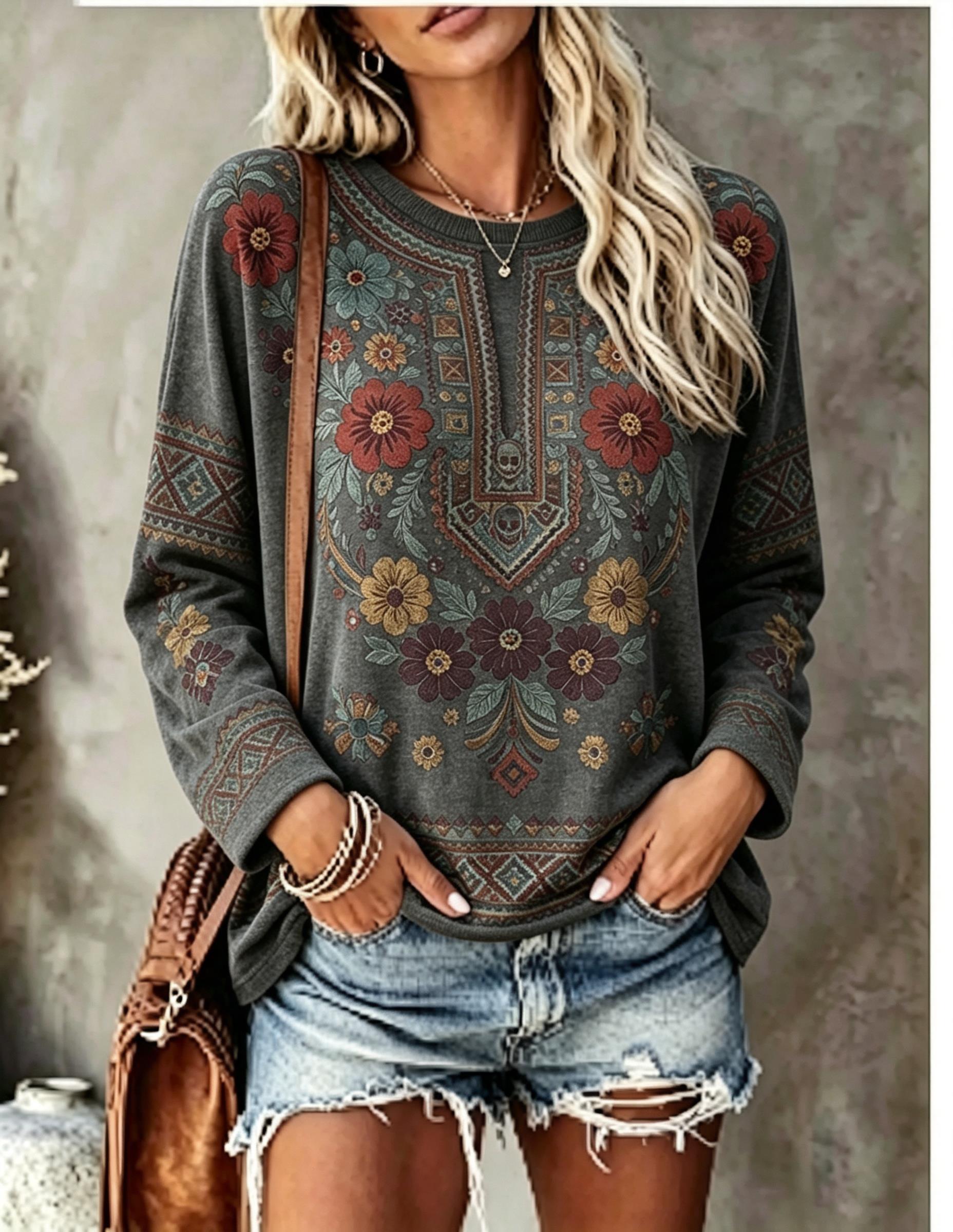 Women Crew Neck Long Sleeve T‑ - Printed Floral Shirt recension och pris