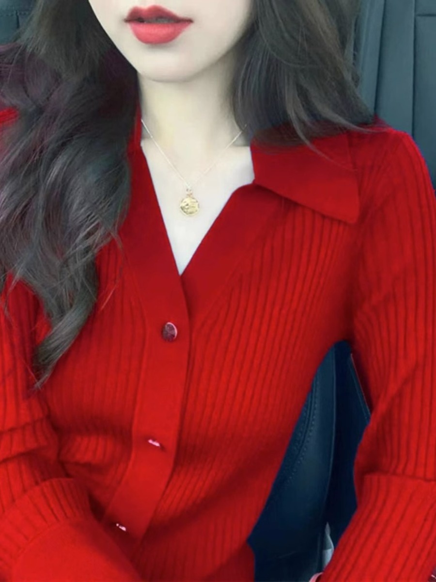 Red  Collar Knitted Cardigan W - Vintage Fashion Years recension och pris