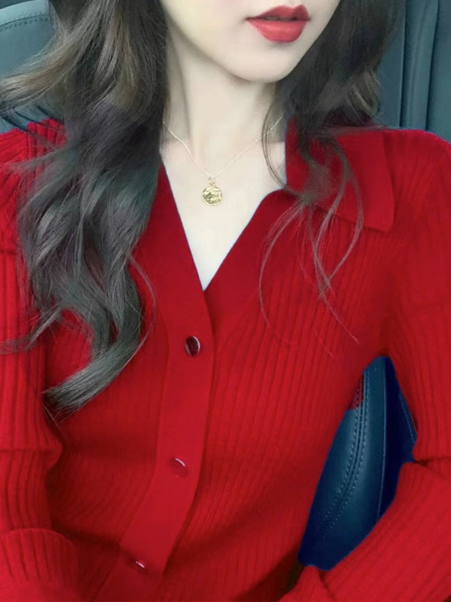 Red  Collar Knitted Cardigan W - Vintage Fashion Years recension och pris