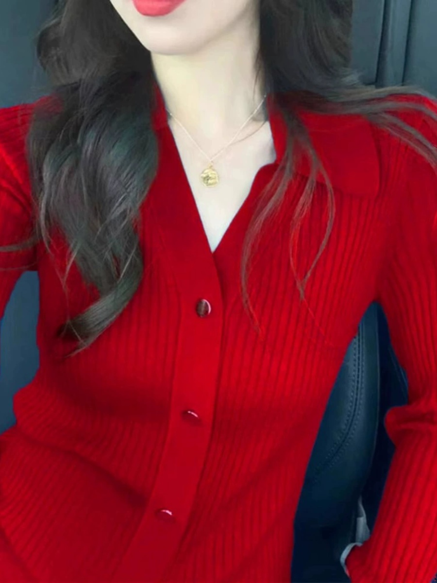 Red  Collar Knitted Cardigan W - Vintage Fashion Years recension och pris