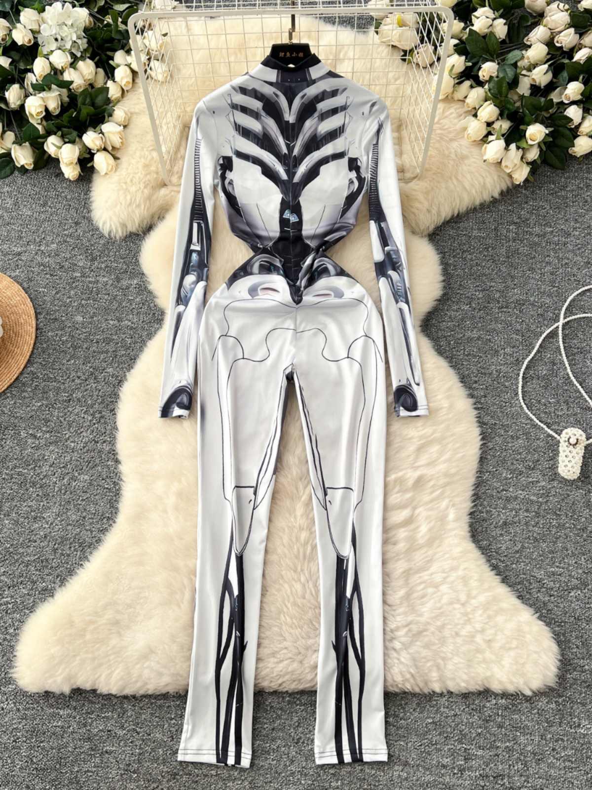 Women's Grey Print Jumpsuits V - Vintage Fashion Club recension och pris