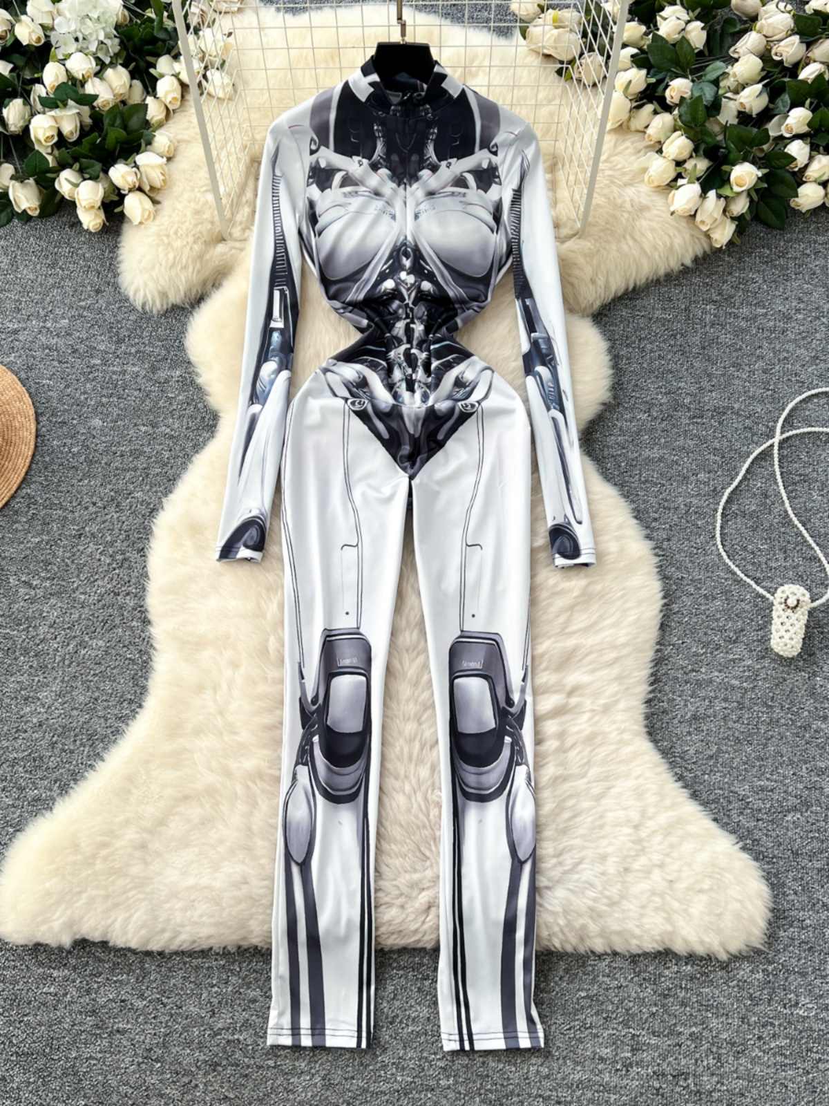 Women's Grey Print Jumpsuits V - Vintage Fashion Club recension och pris